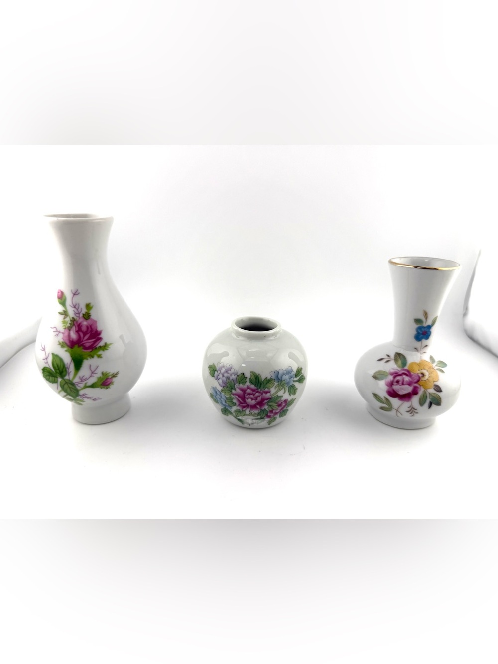 3 vintage porcelain bud vases